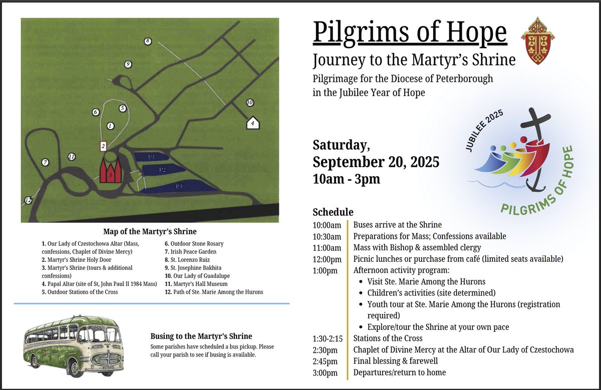 A reminder that our diocesan pilgrimage to the Martyr's Shrine in Midland is happening on Saturday, Sept 20, with busses arriving at 10:00 am. A full schedule is below and on our website. There there are still seats available on some busses. You can also drive. 

See you there!