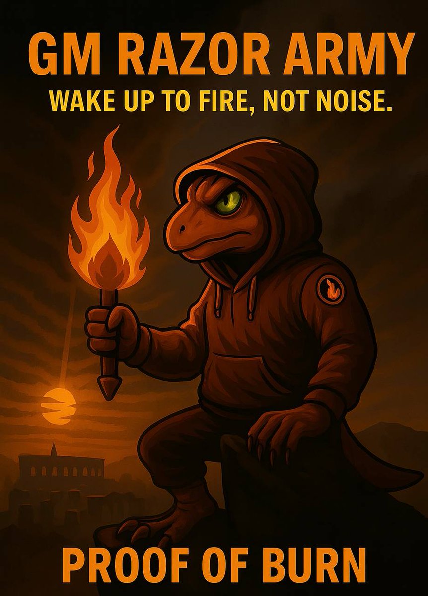 MeanaRaptor's tweet photo. 🌞🦖 GM Razor Army!
The weak wake up to noise.
The cult wakes up to fire.

🔥 Every talk = culture.
🔥 Every meme = proof.
🔥 Every burn = forever.

Drop your ☕🔥 if you’re sharpening with Razor this morning.

#Razor | #ProofOfBurn | #MRT https://t.co/4TGmQpCglI