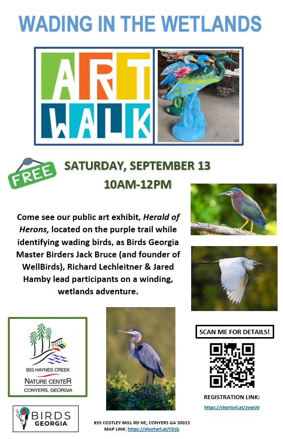FREE Family Event! Join us for Herald of Herons a 2-mile art + nature walk on the Purple Trail at Big Haynes Creek Nature Center.  
Spot native birds through a blind
Listen for calls with Master Birder 
Register here: shorturl.at/zvwU0