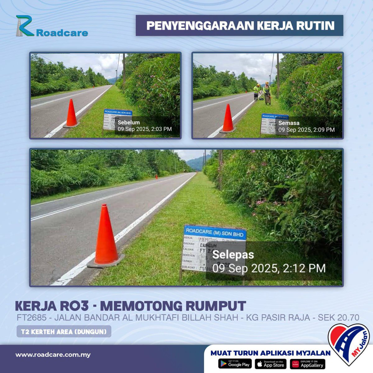 🚧 Kerja Penyenggaraan Rutin R03 - Memotong Rumput

9 September 2025 | Kerja pembersihan R03 di FT2685 sek. 20.70 daerah #Dungun disenggarakan oleh #teamroadcare bagi keselamatan pengguna jalan raya.
#InfoJKR #InfoKKR

<a href="/CSFJ_JKR/">Cawangan Senggara Fasiliti Jalan (CSFJ)</a> <a href="/JKRDungun/">JKR Dungun</a> <a href="/Roadcare_HQ/">ROADCARE (M) SDN BHD</a>

📷;