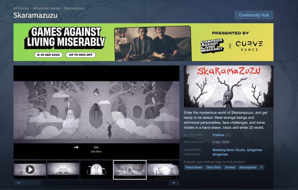 Iphigames (@iphigames) on Twitter photo We’re proud to share that <a href="/SkaramazuzuGame/">Skaramazuzu | OUT NOW</a> is part of Games Against Living Miserably 2025, running Sept 8–15 on Steam, alongside <a href="/theCALMzone/">CALM</a> & <a href="/curvegames/">Curve Games</a> 💙
Don’t miss it, Steam link in the comments.
#gamedev #indiegame #steamfestival We’re proud to share that <a href="/SkaramazuzuGame/">Skaramazuzu | OUT NOW</a> is part of Games Against Living Miserably 2025, running Sept 8–15 on Steam, alongside <a href="/theCALMzone/">CALM</a> & <a href="/curvegames/">Curve Games</a> 💙
Don’t miss it, Steam link in the comments.
#gamedev #indiegame #steamfestival