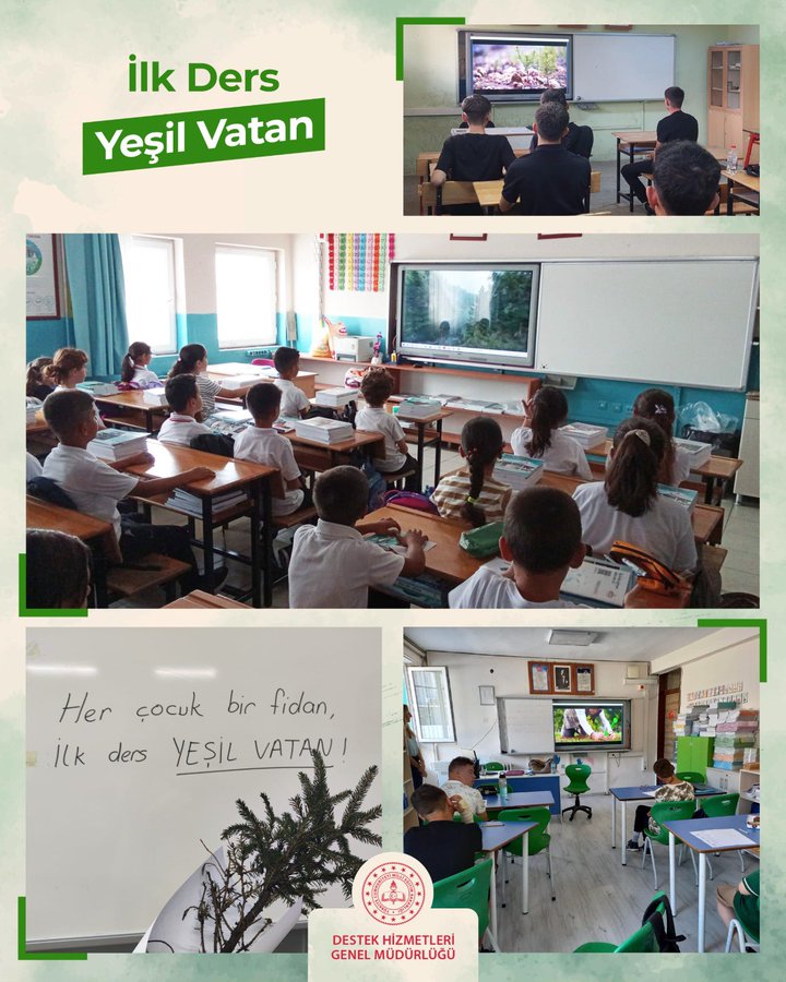 Multiple photos of classrooms with students sitting at desks. Some students watch a screen displaying a video, while others work on activities. A whiteboard and educational materials are visible. Text on the images reads "İlk Ders Yeşil Vatan" and "Her Çocuk Bir Fidan."