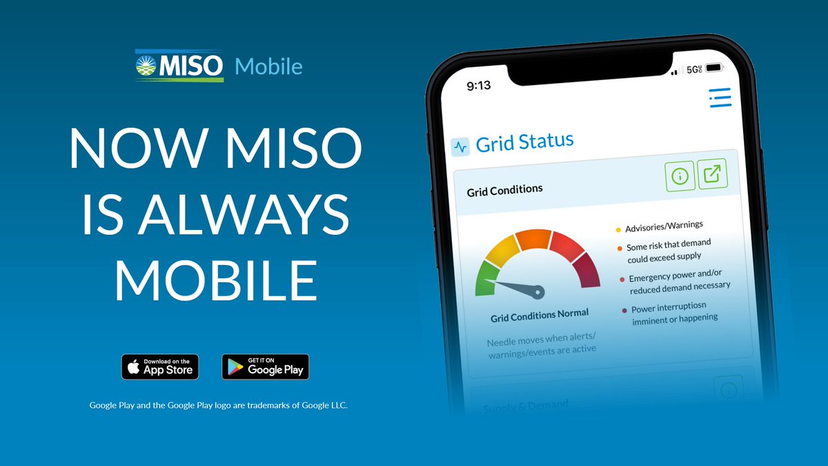 Stay connected to the power grid anytime, anywhere.

With the MISO Mobile app, you can track real-time grid conditions, monitor key system alerts and stay informed during periods of high demand. 

Download MISO Mobile on the Apple App Store or Google Play today. 

Apple: