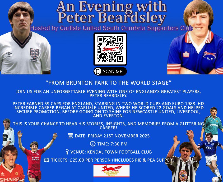 CUFCSC23's tweet image. We are delighted to announce our latest social event… An Evening with Peter Beardsley!

All the details are on the poster below and you can get your tickets from: trybooking.com/uk/events/9262…

We look forward to seeing you all there! #cufc