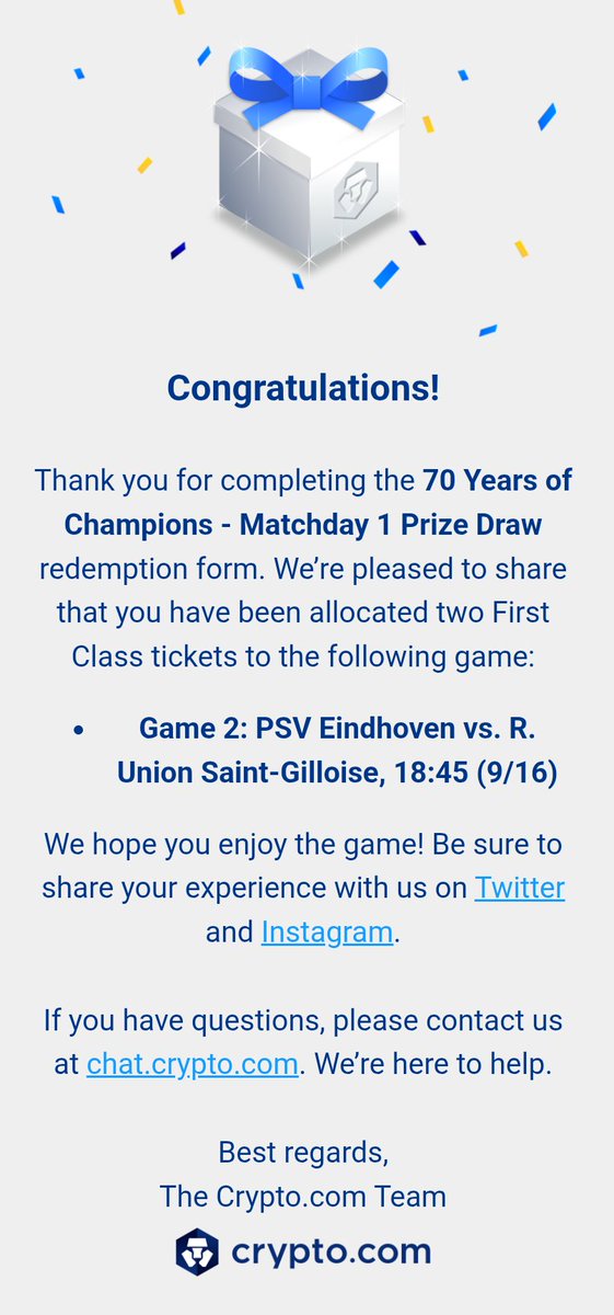 FollowCryptoEU's tweet photo. Just won two first class tickets
Thank you @cryptocom 💙

#crofam #cryptocom #fftb #bornbrave #ChampionsLeague https://t.co/f9HctyruUt