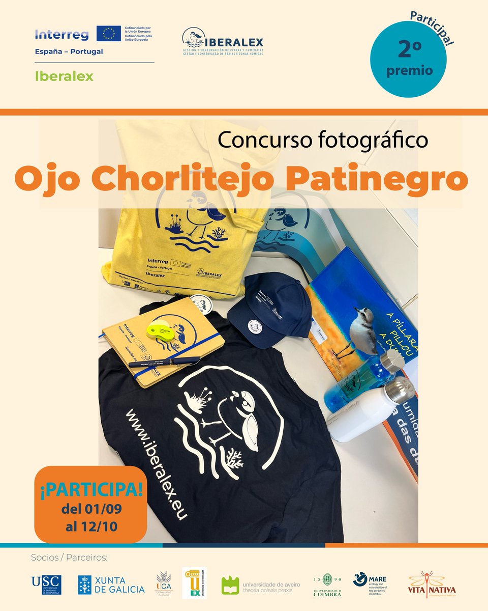 🎉📸 ¡Seguimos anunciando premios del #ConcursoFotográficoIBERALEX!
Hoy toca el 2º premio:
 👉 Tote bag + botella de cristal + libreta + boli + llavero + camiseta + chapa + termo + gorra + libro fotográfico sobre el chorlitejo patinegro.
📅 Participa hasta el 12 de octubre!