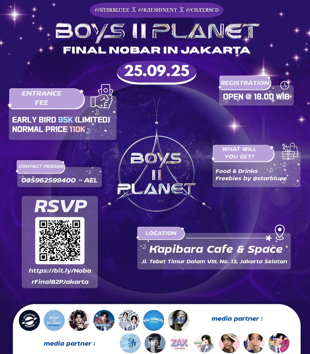 raeshineny's tweet image. 📣 NOBAR LIVE FINAL BOYS II PLANET 🌟
One Ending, New Beginning 🌙

🗓 Kamis, 25 September 2025
📍 Kapibara Cafe &amp;amp; Space – Tebet, Jakarta Selatan
⏰ 18.00 WIB–end
🔗 bit.ly/NobarFinalB2PJ…

🎟 EARLY BIRD 95K (DP 45K) | 9–12 Sept 
NORMAL PRICE 110K (DP 50K ) | 12-17 sept