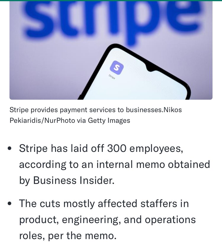 Stripe, the fraudulent payment processor, has cut 300 jobs. Hopefully 298 is the useless bots on the phone, one is the X support, and one is the LinkedIn support. Could not happen to nicer people <a href="/stripe/">Stripe</a> <a href="/stripesupport/">Stripe Support</a> <a href="/StripeDev/">Stripe Developers</a>