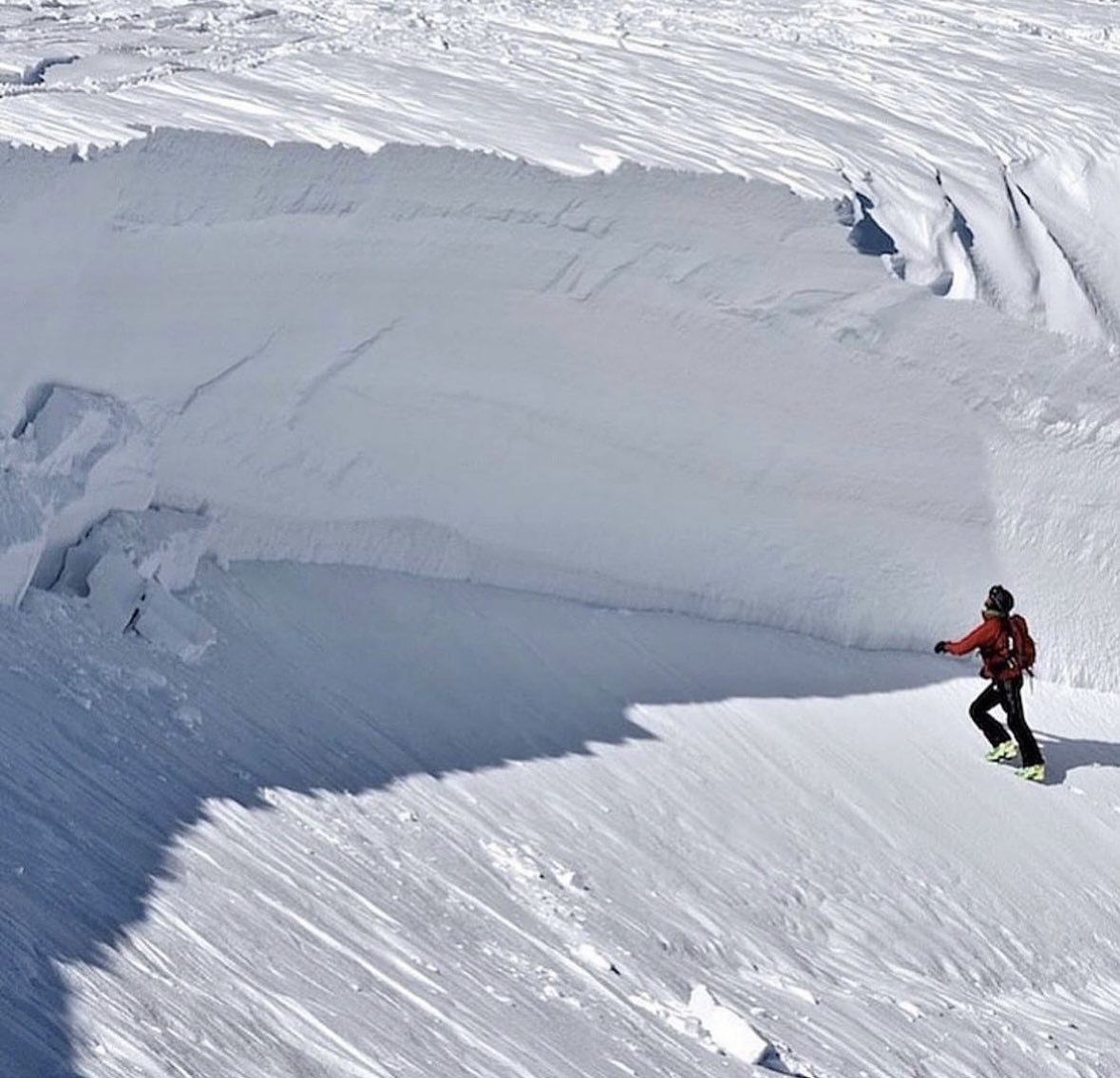 For years my job for part of the winter was working as a backcountry avalanche forecaster. The profession put me in the interesting position of observing how others behaved with various conditions in the backcountry.
•
In this image I am walking up to study a crown profile