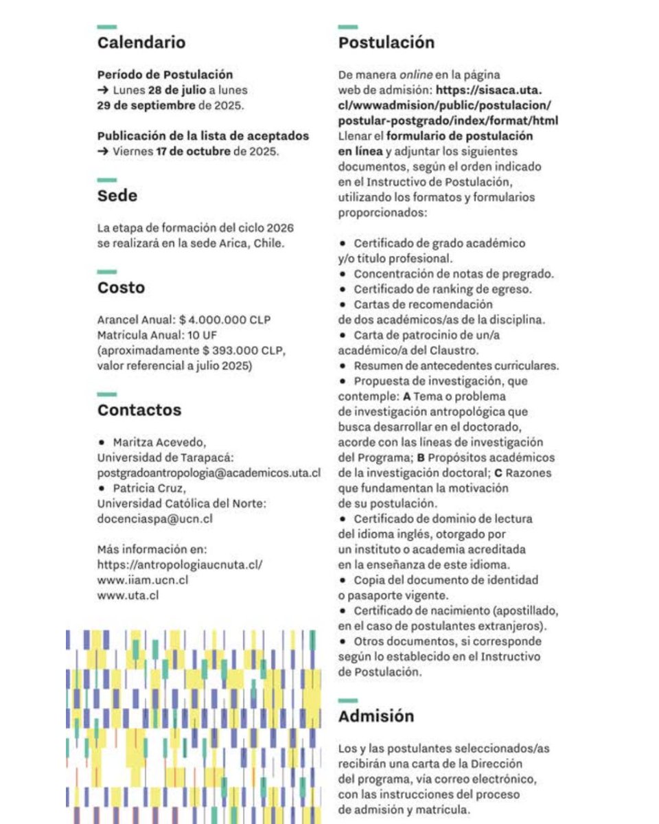 📢 ¡Postula al Doctorado en Antropología UCN–UTA!
🎓 Programa acreditado por 6 años.
🗓 Postulación online: 28 julio – 29 septiembre 2025.
📍 Etapa de formación en Arica, Chile.
Más info 👉 antropologiaucnuta.cl
#Antropología #Doctorado #UCN #UTA #Postulaciones2025