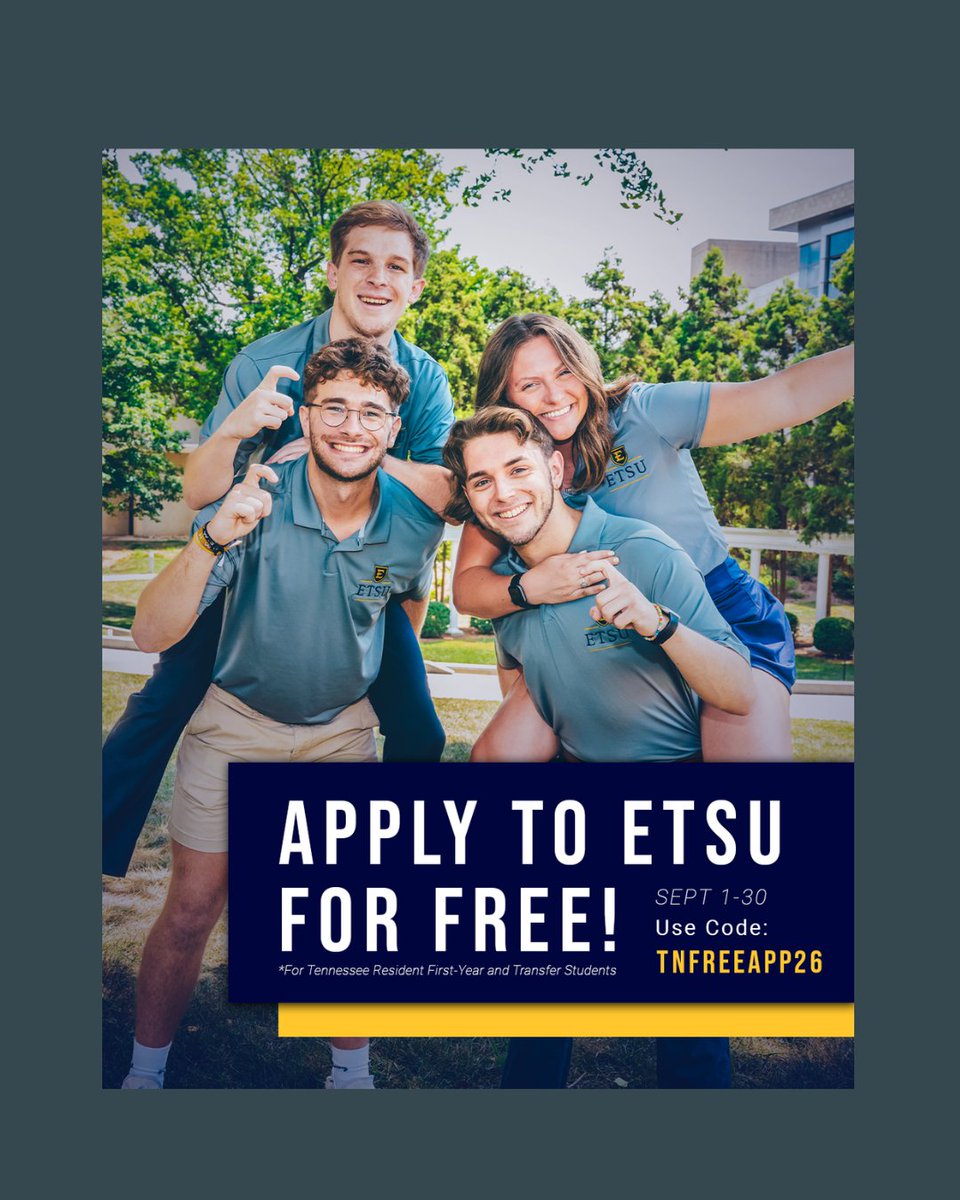 Hey Raiders! Interested in transferring to East Tennessee State University (ETSU) after you graduate? September is Free App September for undergraduate transfer students. Enter the code TNFreeApp26 at checkout. Questions? Reach out to their Transfer Team at transfer@etsu.edu!