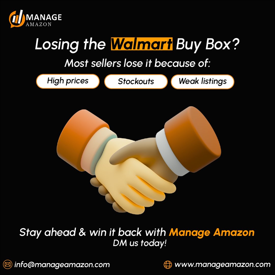 manageamazon's tweet image. Losing the Walmart Buy Box? ❌ High prices, ❌ Stockouts &amp;amp; ❌ Weak listings are the usual culprits. With Manage Amazon, stay competitive, optimize, and win it back! DM us today. manageamazon.com #WalmartSellers #BuyBox #Walmart #ecommerce #success #Sellers #Amazon