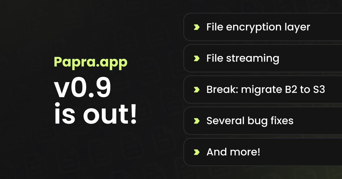 Papra v0.9 is out! 🎉

- Document encryption!
- Stream file uploads (better performance, lower RAM usage)
- Dropped B2 storage driver as B2 is now fully compatible with s3
- Some bug fixes and more!

#opensource #buildinpublic #javascript