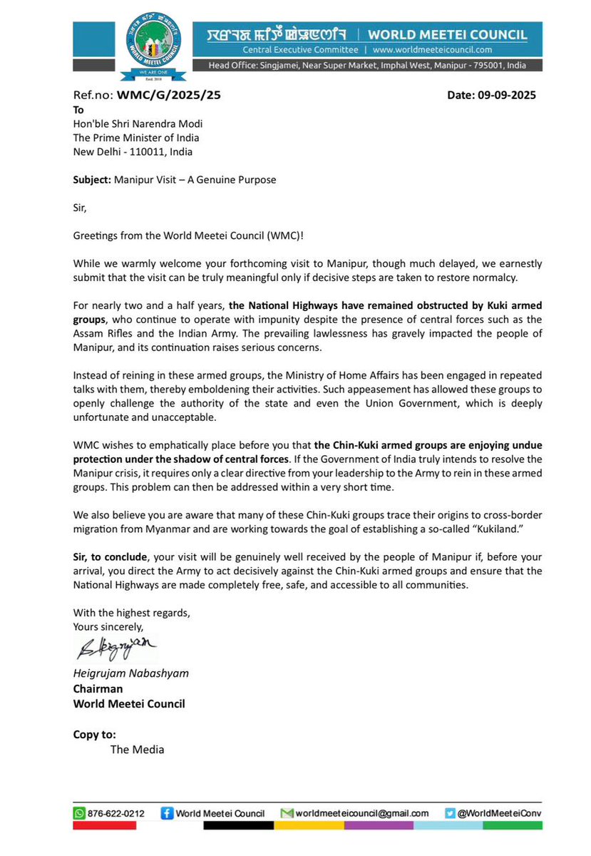 WorldMeeteiConv's tweet image. Manipur Visit – A Genuine Purpose

While we warmly welcome your forthcoming visit to Manipur, though much delayed, we earnestly submit that the visit can be truly meaningful only if decisive steps are taken to restore normalcy.

For nearly two and a half years, the National…