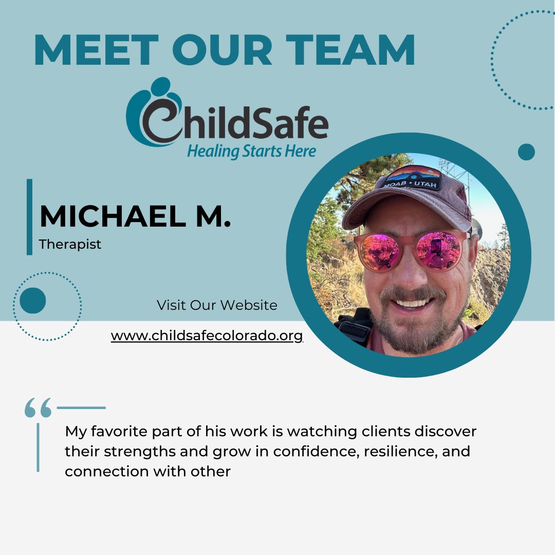 🌟 Meet the Team Tuesday 🌟
Say hello to Michael Murphy, one of our amazing therapists here at ChildSafe! 
We’re so grateful to have Michael on our team supporting survivors and their families!
#MeetTheTeamTuesday #ChildSafeColorado #TraumaInformedCare #HealingTogether