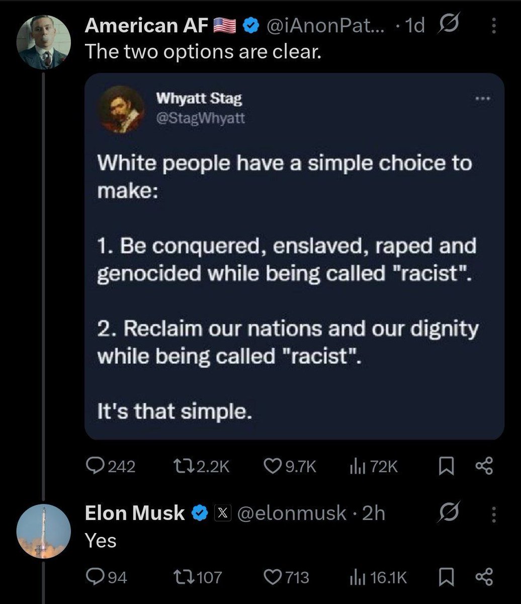 Nick Fuentes is on the front of the New York Times.

Tucker is talking to Piers Morgan about dancing Israelis.

Fox News is explaining racial crime statistics.

Elon Musk is endorsing white nationalism.

Imagine seeing this ten years ago.