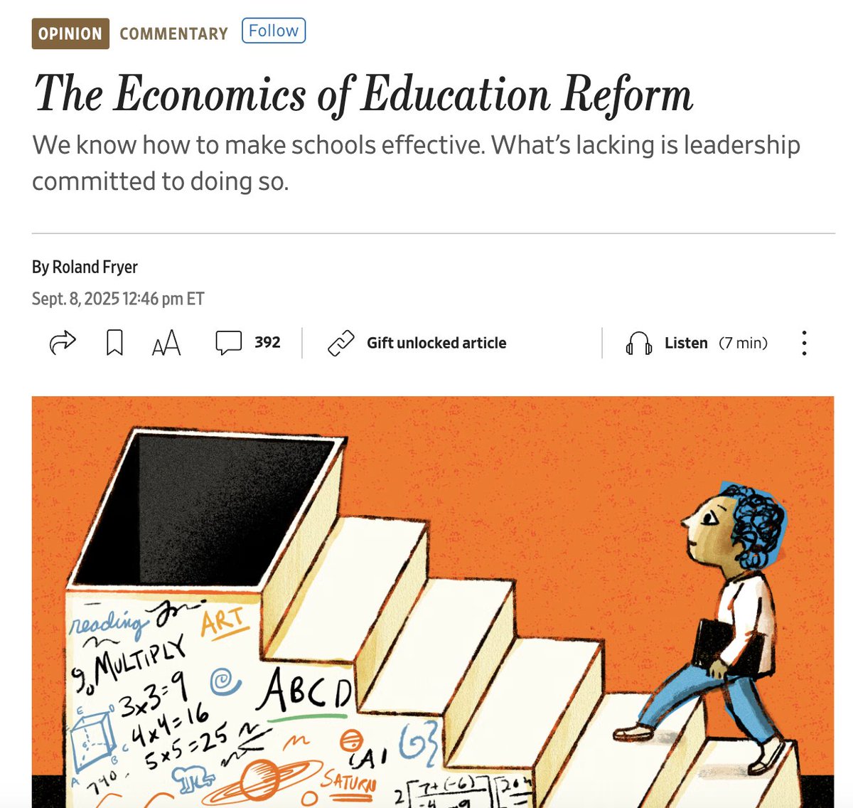 Matt Burgess (@matthewgburgess) on Twitter photo If you read one thing today, make it this by Roland Fryer on education. Link below.
"The tragedy is that we already know what works. High-dosage tutoring, extended learning time, relentless use of data and feedback, and refusing to accept the soft bigotry of low If you read one thing today, make it this by Roland Fryer on education. Link below.
"The tragedy is that we already know what works. High-dosage tutoring, extended learning time, relentless use of data and feedback, and refusing to accept the soft bigotry of low