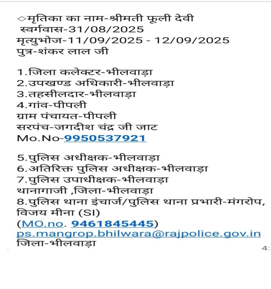 राज.मृत्युभोज अधिनियम 1960 कानून के तहत राज्य मे कोई भी व्यक्ति मृत्युभोज नही कर सकता और ना ही उसमे शामिल हो सकता है <a href="/Bhilwara_Police/">Bhilwara Police</a> जिला प्रशासन कृपया मृत्युभोज करने वाले एवं मृत्युभोज करने का दबाव बनाने वाले पटेलों पर भी सख्त कार्रवाई करे <a href="/RajPoliceHelp/">Rajasthan Police HelpDesk</a> 
<a href="/RajBharatTribal/">Raj Kumar Meena</a>