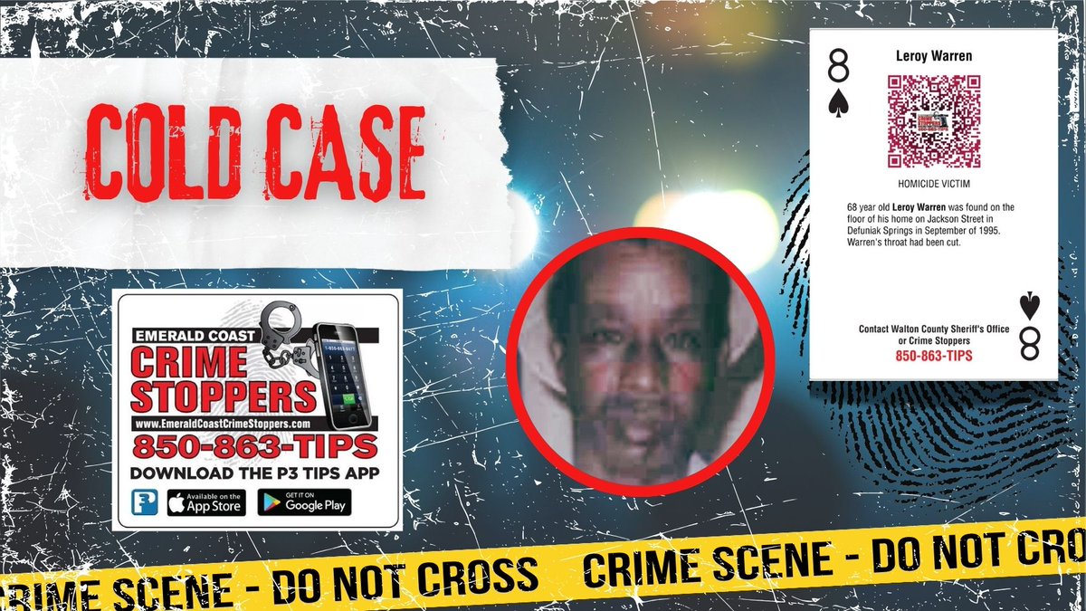 eccsTIPS's tweet image. Cold Case Spotlight: Leroy Warren — 1995 murder, still unsolved. Do you know something?
Submit tips anonymously:
📞Call 850-863-TIPS (8477)
📲Download the P3 Tips App
💻Visit EmeraldCoastCrimeStoppers.com