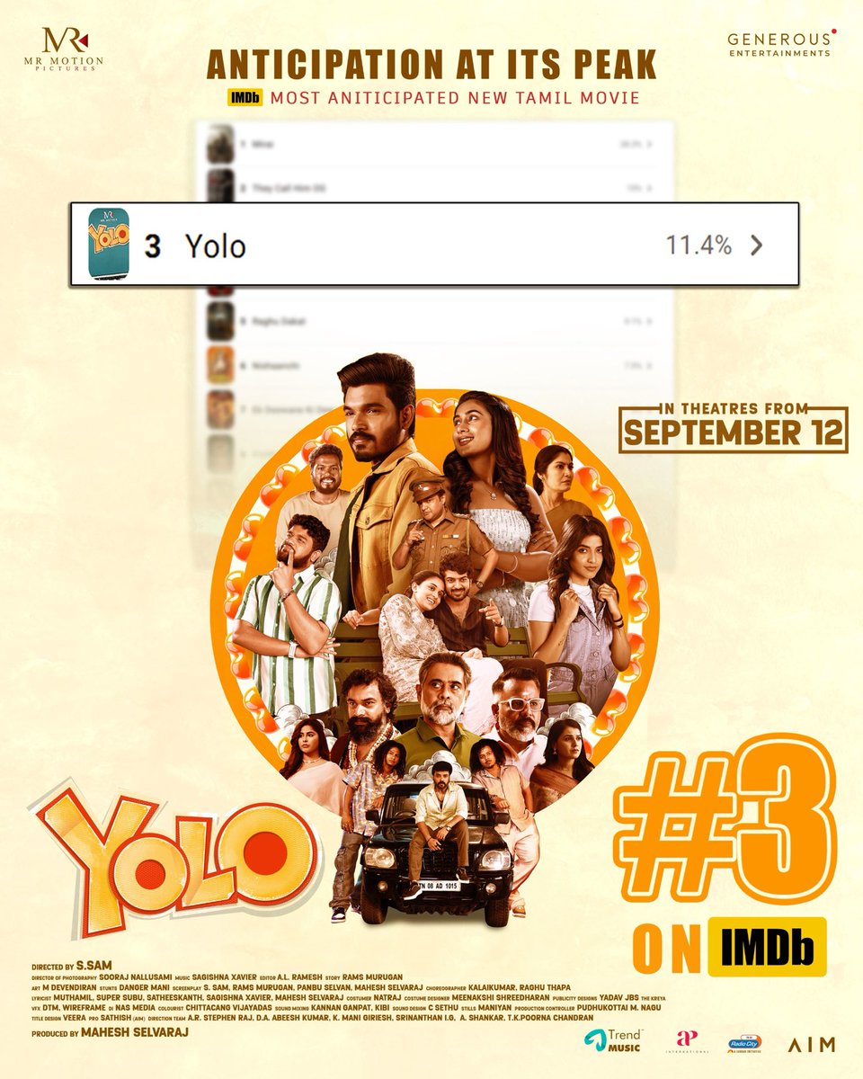 Cinema Talks (@cinematalks_) on Twitter photo #YOLO makes it to IMDb’s list of most anticipated Tamil films of 2025! #Hitting theatres worldwide from September 12th.
<a href="/ActorDev_offl/">Dev</a> <a href="/Samthecreator/">Samdir</a> @Team_GENEROUS <a href="/Devu_devika77/">Devika Satheesh</a> <a href="/x_sagishna/">Sagishna Xavier</a> <a href="/Akashpremkumar3/">Akash Premkumar</a> <a href="/badavagopi/">badava gopi Actor</a> <a href="/VJNiki2/">VJ Nikki</a> #YOLO makes it to IMDb’s list of most anticipated Tamil films of 2025! #Hitting theatres worldwide from September 12th.
<a href="/ActorDev_offl/">Dev</a> <a href="/Samthecreator/">Samdir</a> @Team_GENEROUS <a href="/Devu_devika77/">Devika Satheesh</a> <a href="/x_sagishna/">Sagishna Xavier</a> <a href="/Akashpremkumar3/">Akash Premkumar</a> <a href="/badavagopi/">badava gopi Actor</a> <a href="/VJNiki2/">VJ Nikki</a>