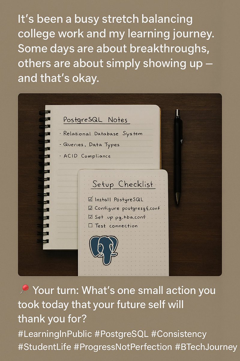 dev1Aashish's tweet image. It’s been a busy week balancing college work and my learning journey. Some days are about big wins, others are about simply showing up. Today, I’m choosing to show up.
What’s one small step you took today towards your goals?

#LearningInPublic #Consistency #StudentLife #progress