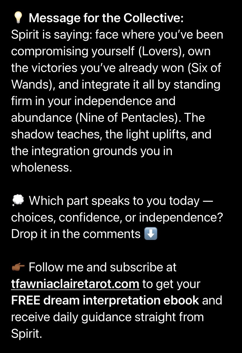 tfawniatarot's tweet image. ✨ Day 7 of the 90-Day Tarot Challenge
Which resonates most today—choices, confidence, or independence?

👉🏾 Subscribe at tfawniaclairetarot.com for your free dream ebook 🌙

#TarotTok #DailyTarot #CollectiveReading #horoscope #90DayTarot #MysticVibes