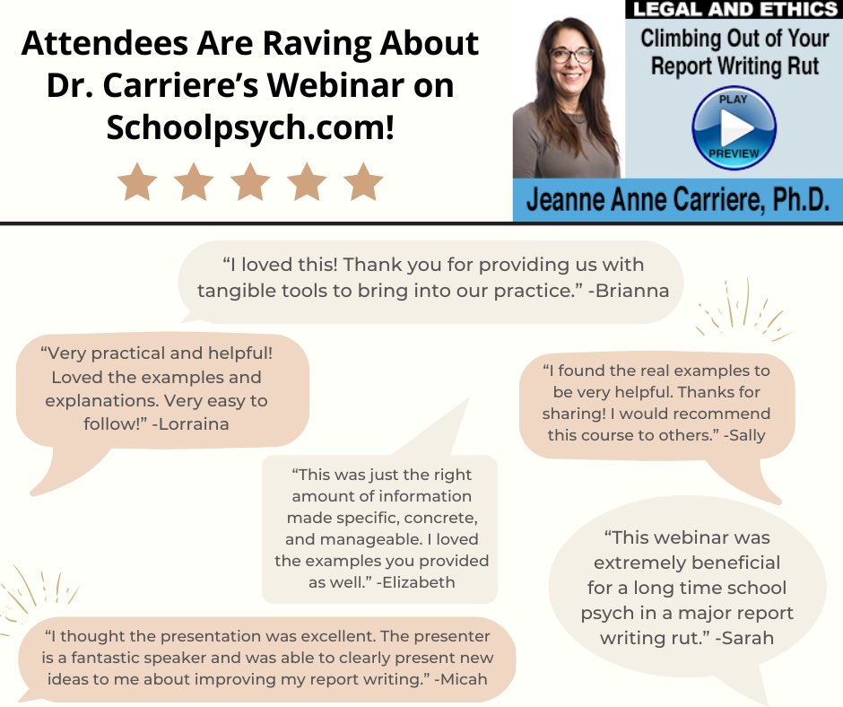 Attendees are raving about Dr. Jeanne Anne Carriere’s webinar “Climbing Out of Your Report Writing Rut” on Schoolpsych.com! ⭐️⭐️⭐️⭐️⭐️

From practical examples to clear, concrete strategies, school psychologists are finding this webinar extremely beneficial.🙌