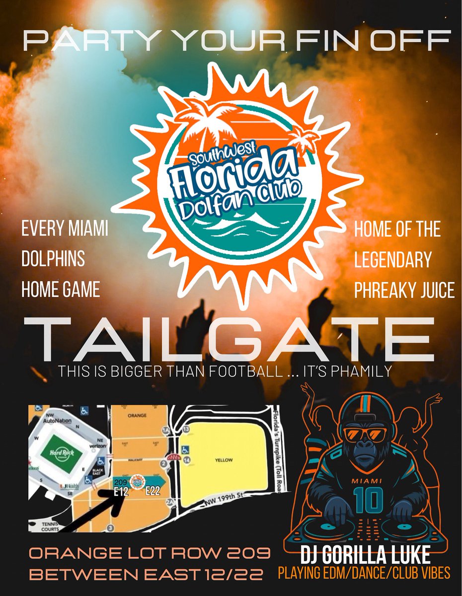 Party your fin off every home game at <a href="/HardRockStadium/">Hard Rock Stadium</a>! Join us at the  <a href="/swfldolfanclub/">SWFL Dolfan Club</a> Tailgate in orange lot East 12/22 Row 209 with 🎧 DJ <a href="/gorillaluke/">Gorilla Luke aka Big Sexy</a> 🦍 spinning the latest EDM and dance club vibes. Get phreaky with some Phreaky Juice! See your favorite Miami Dolphins