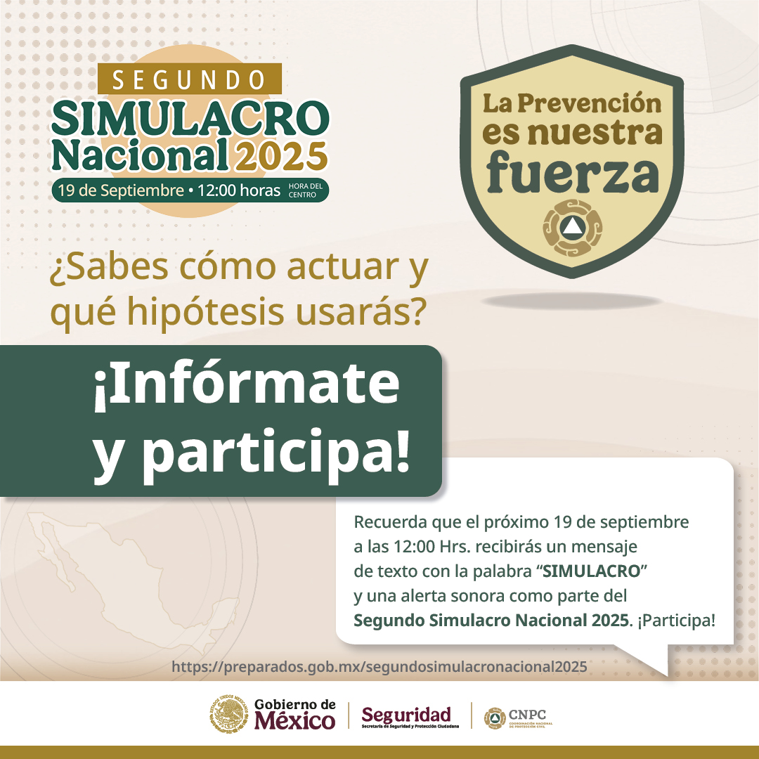 El #SegundoSimulacroNacional2025 🚨 📢 constituye la mayor movilización conjunta del pueblo y el <a href="/GobiernoMX/">Gobierno de México</a> todas y todos unidos por la prevención.

🔗 preparados.gob.mx/segundosimulac…