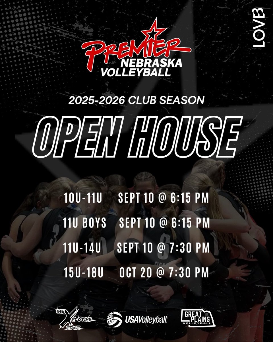Premier_VB's tweet image. ⭐️OPEN HOUSE DATES⭐️

Open to all athletes and parents interested in learning more about Premier Nebraska and the upcoming club season! We can’t wait to kick off the start of our 2026 club season! 

Visit our website for details. 🤩

#GoPremierVB #PremierTrained