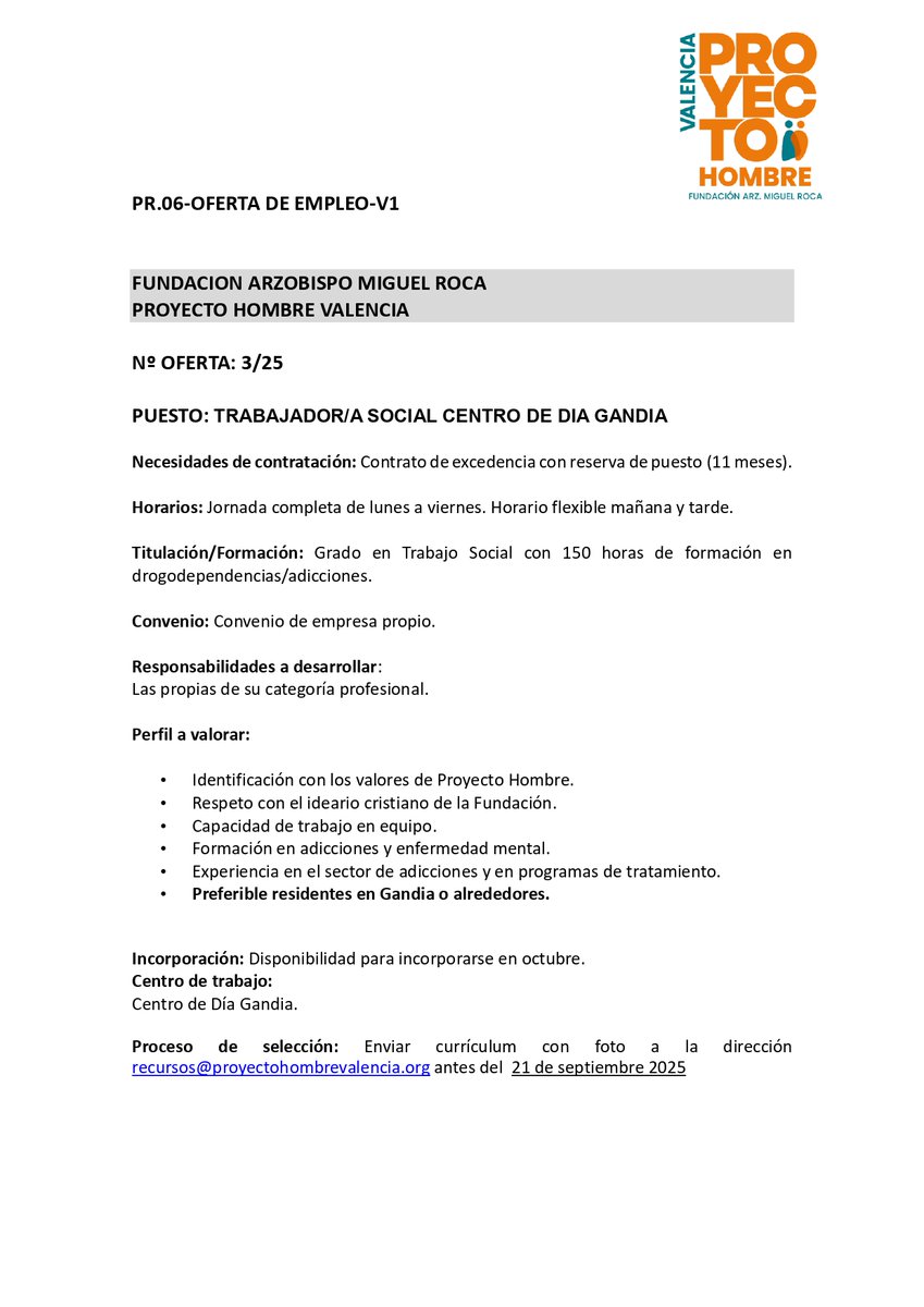 📢 ¡Estamos contratando!

👩‍💼 Puesto: Trabajador/a Social
📍 Ubicación: Gandia (vives en la zona o alrededores?)

A continuación la Oferta!!