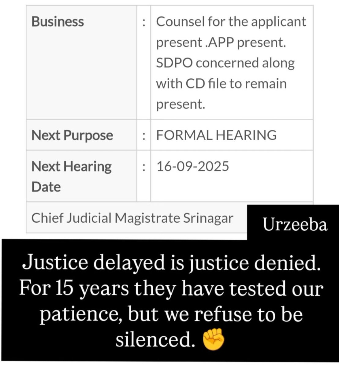 BhatUrzi's tweet photo. 15 years, countless hearings, endless delays. Yet justice for my brother Umer Qayoom is still denied. They tried to silence us, but we will never stop seeking truth. ✊🕊️#JusticeForUmerQayoom #15YearsOfInjustice #JusticeDelayedJusticeDenied #kashmir #court #HumanRights #fypシ https://t.co/h4HXetbZKg
