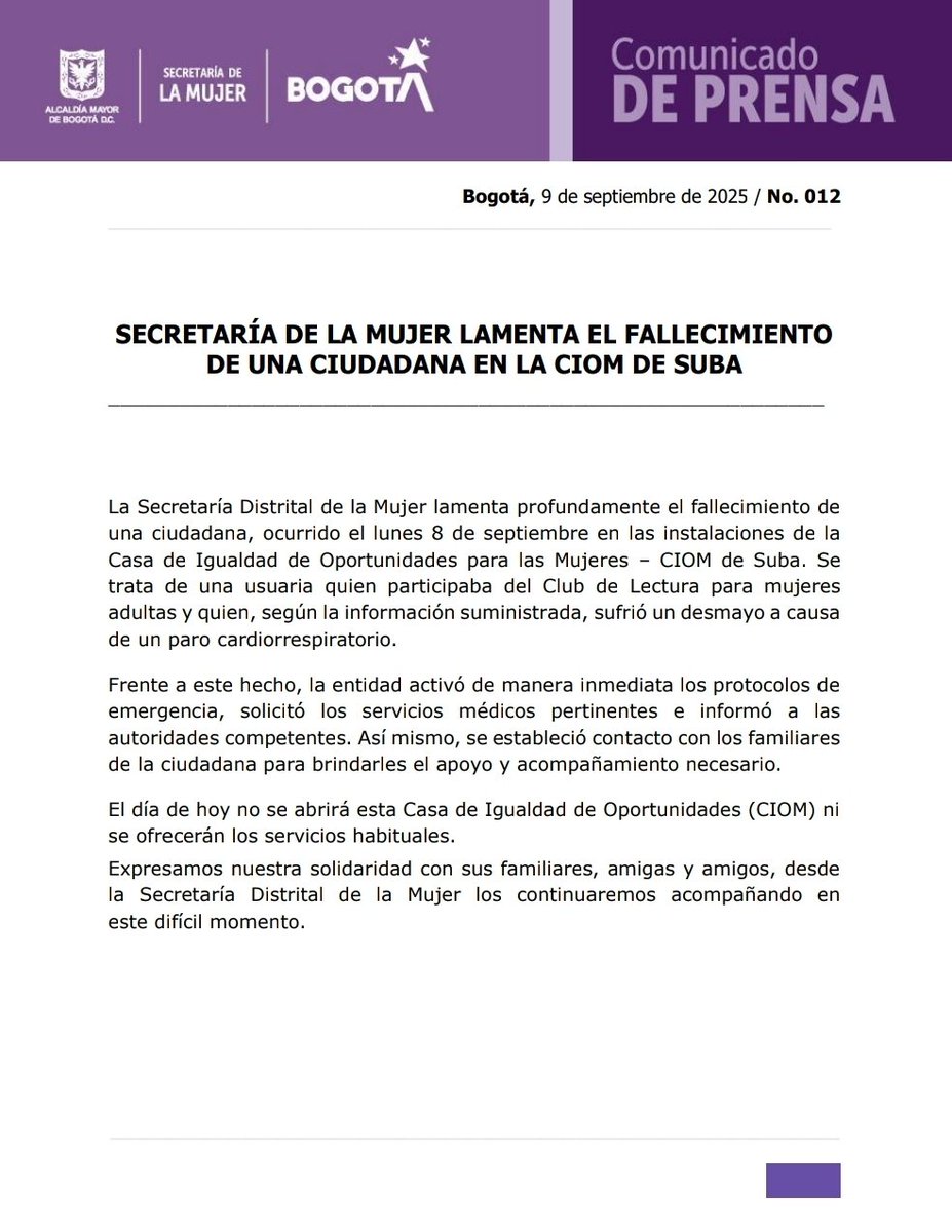 secredistmujer's tweet image. Lamentamos el fallecimiento de una ciudadana en la #CIOM de Suba el día de ayer a causa de un paro cardiorrespiratorio. De manera inmediata activamos los protocolos de emergencia. 

Expresamos toda nuestra solidaridad a sus familiares, amigas y amigos en este difícil momento.