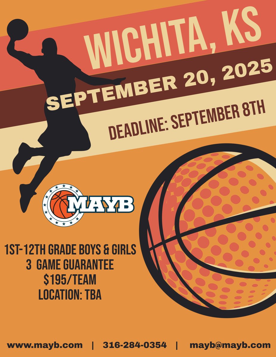 🏀 Fall basketball is BACK!
Join us Saturday, Sept. 20 for a One-Day Fall Tournament.

🔥 A perfect way to get back on the court and keep the season rolling.

Register now at mayb.com or give us a call at 316-284-0354!