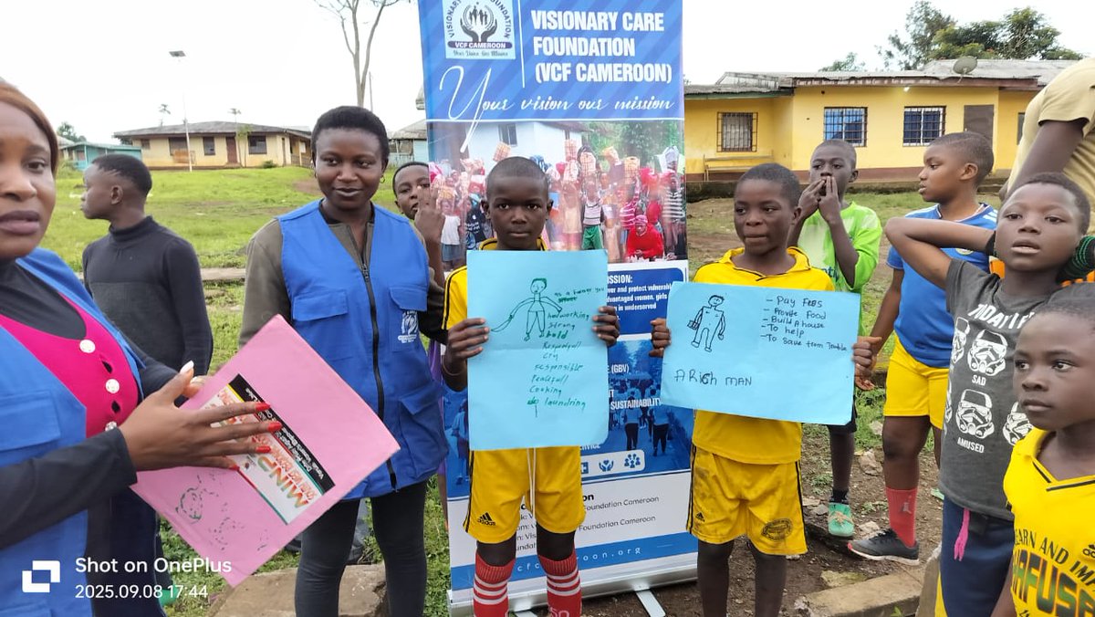 vcfoundation6's tweet photo. Through our "Champions 4 Change" project in Bangem, adolescent boys used sports &amp; art to challenge harmful gender norms. They chose respect, care &amp; equality over domination. True strength is empathy &amp; standing up for what’s right. #GenderEquality #PositiveMasculinity #VCFCameroon https://t.co/tsld5r2Z92