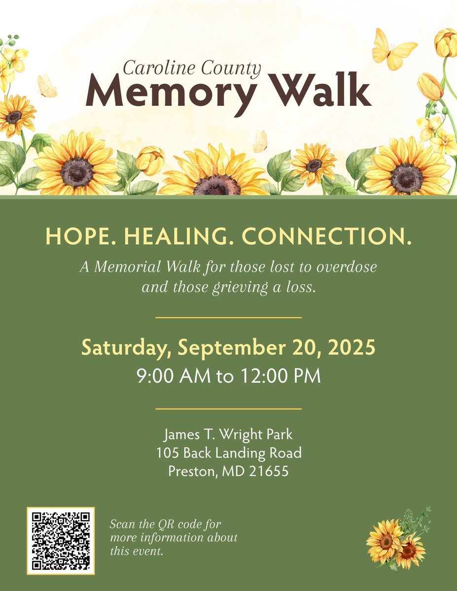 msbehavioral's tweet image. Join Drug Free Caroline for the Caroline County Memory Walk on Sept 20, 9 AM–12 PM at James T. Wright Park, Preston. 

Honor lives lost to overdose, support families, and stand for healing. Guest speaker: Rachel Campbell.

#RecoveryMonth #OverdoseAwareness #MemoryWalk