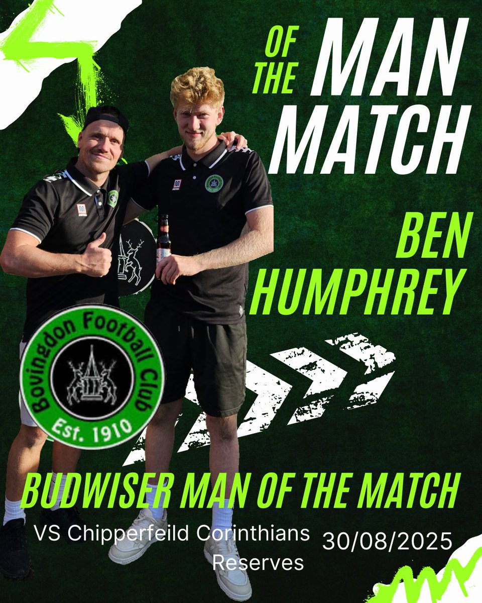📣Budwiser man of the match📣

Ben Humphrey 

30/08/2025 Away game vs Chipperfield Corinthians Reserves result 2-2 

Easy choice this one was as Ben was one of the players who stood out in the 2-2 draw who was solid at the back and didn't put a foot wrong. 

Well done mate 👏🏻👊🏻.