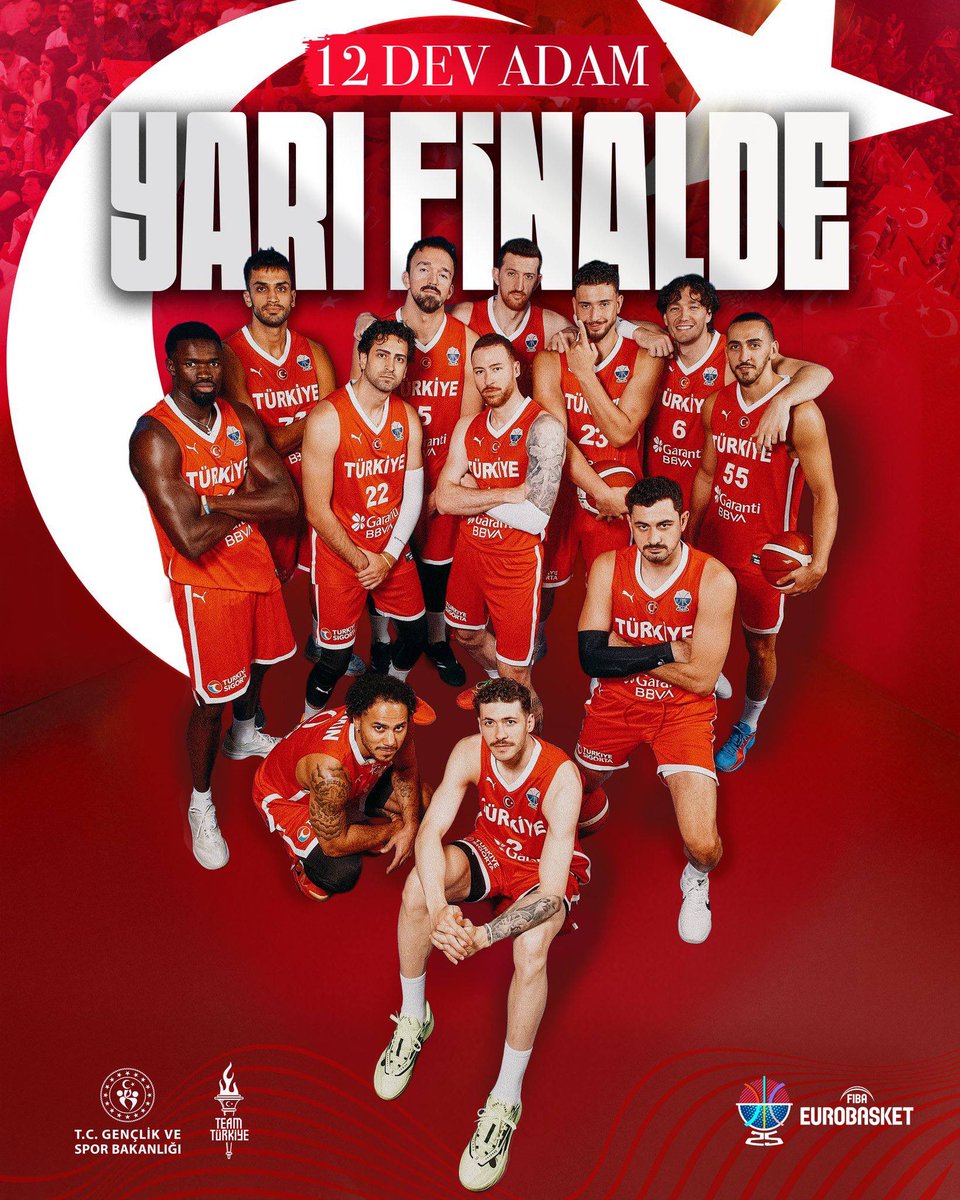 12 Dev Adam tarih yazmaya devam ediyor. 🇹🇷

EuroBasket'te yarı finaldeyiz.

Şampiyonluk için artık son 2 maç.

Final yolunda başarılar dilerim. 👏