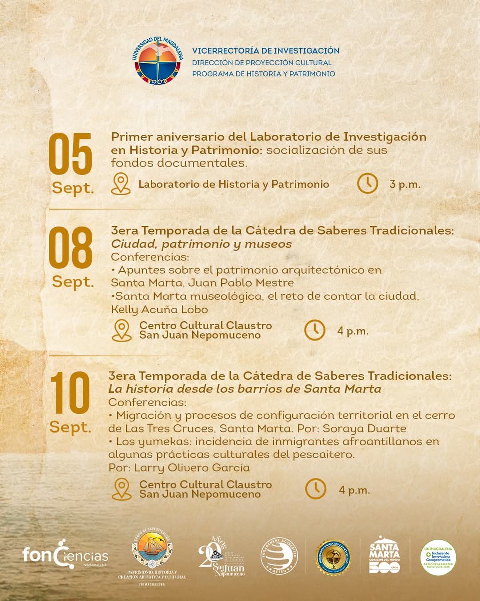 HistoriaUnimag's tweet photo. ✨🌿 Septiembre en Santa Marta es patrimonio vivo.
El Programa de Historia y Patrimonio de la @Unimagdalena celebra el Mes del Patrimonio, un homenaje a nuestra historia, saberes y raíces.

#MesDelPatrimonio #SantaMarta500Años #HistoriaYPatrimonioUnimagdalena https://t.co/offLBABqvd