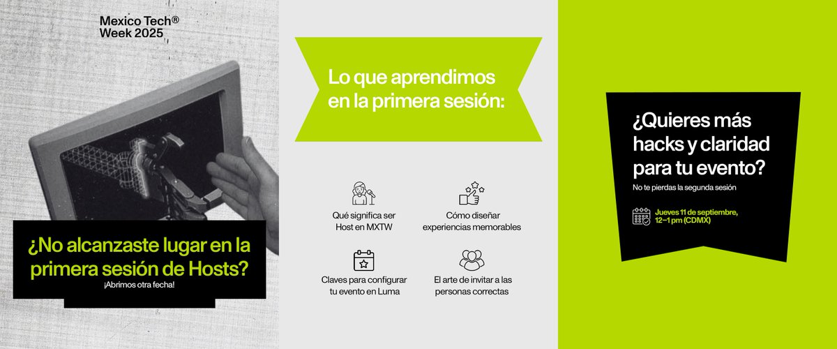 La primera sesión de capacitación para Hosts en #MXTW2025 se llenó en tiempo récord. 🚀⚡

¿Te quedaste fuera? 👀

📅 Jueves 11 de septiembre | 12–1 pm (CDMX)

🔗calendarlink.com/event/AJHng