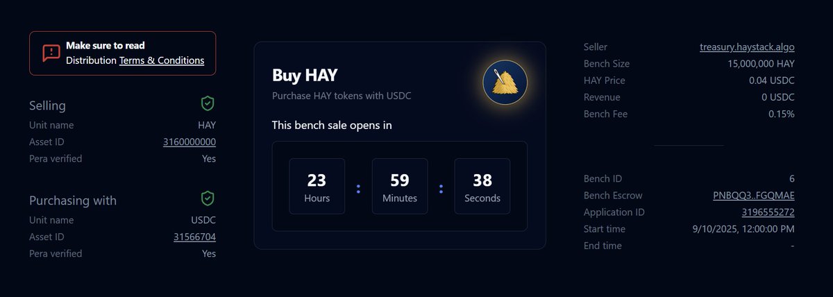 Haystack (@haydotapp) on Twitter photo ⏳ Just 24 hours until Tranche 2 of $HAY opens on <a href="/Myth_Finance/">Myth Finance</a>!
All you need is USDC on Algorand to participate 🌾
👉 myth.finance/bench/6 ⏳ Just 24 hours until Tranche 2 of $HAY opens on <a href="/Myth_Finance/">Myth Finance</a>!
All you need is USDC on Algorand to participate 🌾
👉 myth.finance/bench/6