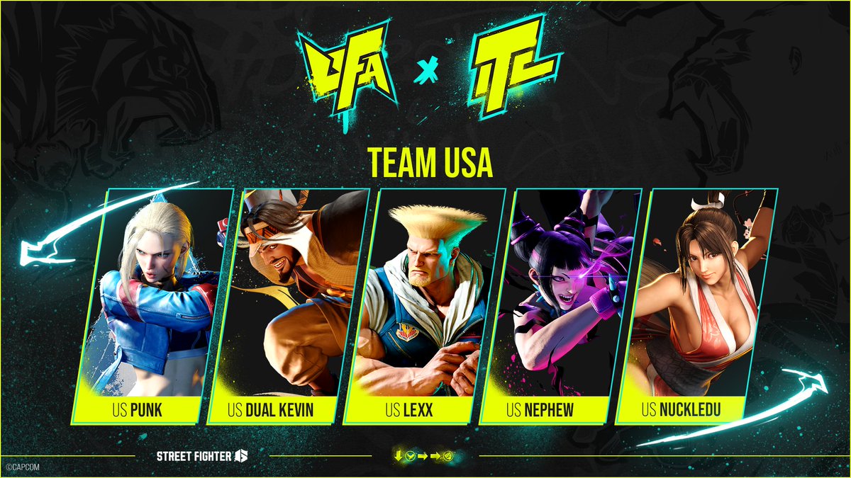 Introducing Team USA

🇺🇸 <a href="/PunkDaGod/">Punk</a>
🇺🇸 @dual_kevin
🇺🇸 <a href="/LexxFGC/">Lexx</a>
🇺🇸 <a href="/nephewdork/">Liquid | Nephew</a>
🇺🇸 <a href="/NuckleDuDang/">Du Dang</a>

International Teams Cup starting Friday at 17:00 CEST

#UFA2025