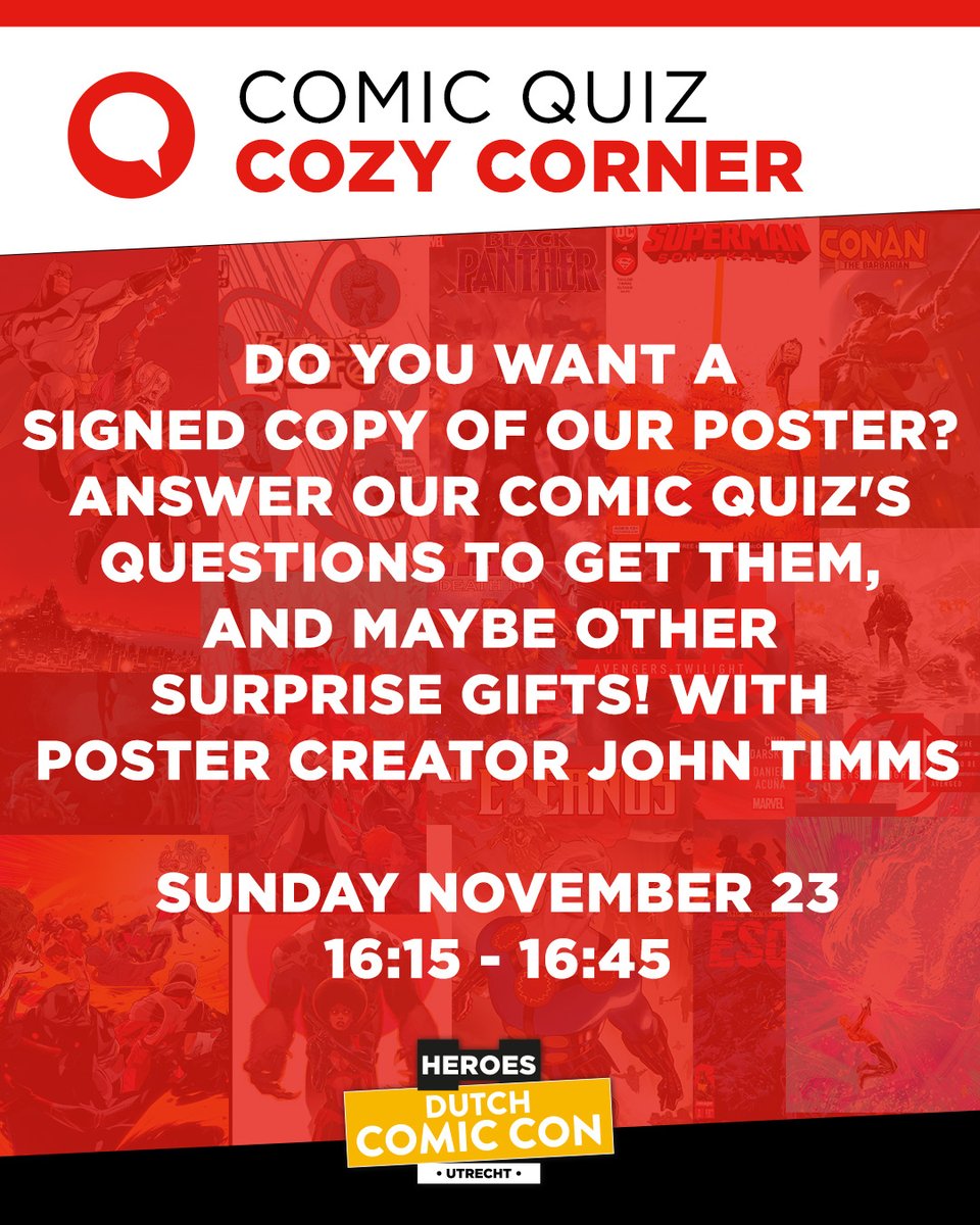 John Timms and André Lima are bringing live art battles and fan challenges to the Cozy Corner at Heroes Dutch Comic Con! ✍️ 

Visit the current Cozy Corner Comic Program on: bit.ly/4cWzcLn
