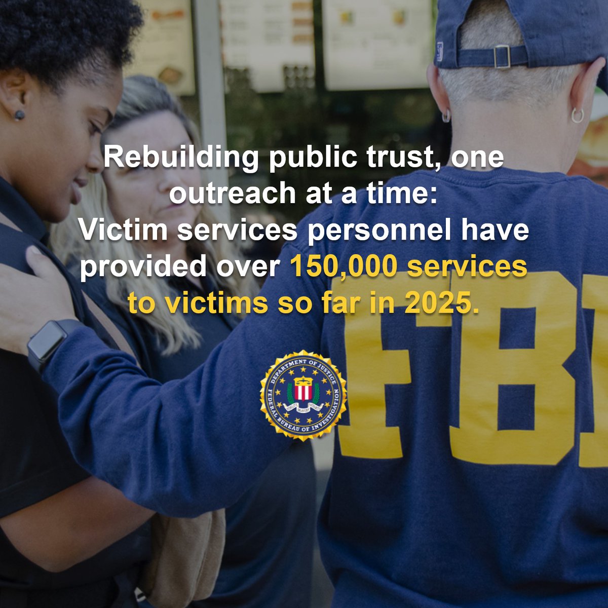 FBI's tweet image. FBI victim services personnel have provided over 150,000 services to victims of crime so far this year—rebuilding public trust one outreach at a time. 

Learn more about how the FBI assists victims at fbi.gov/how-we-can-hel….