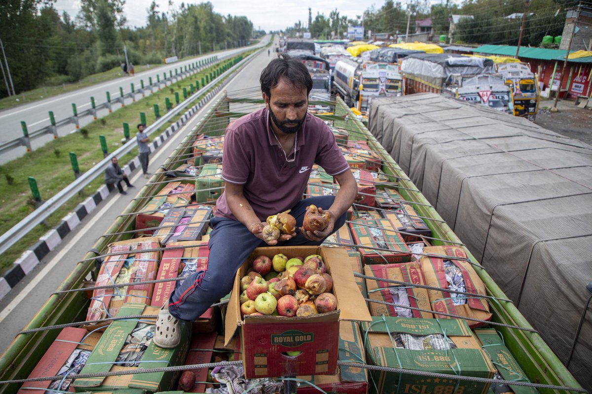 faisalbashirs's tweet image. Trucks carrying apples are stranded on the Srinagar-Jammu National Highway in Qazigund on September 09, 2025. 📷 @faisalbashirs