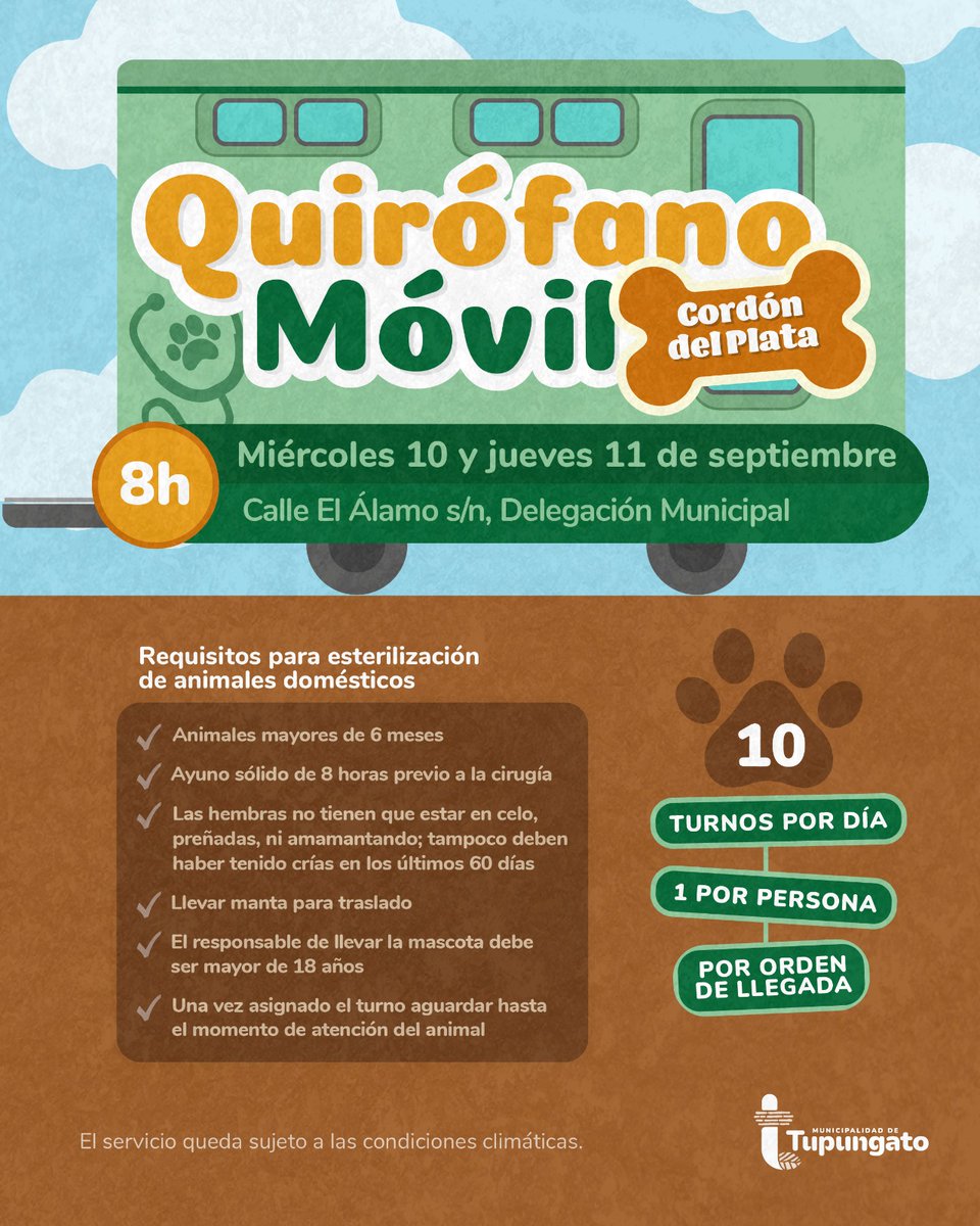 𝗔𝗩𝗔𝗡𝗭𝗔 𝗟𝗔 𝗖𝗔𝗠𝗣𝗔𝗡̃𝗔 😸
Esterilizar es una de las decisiones más importantes que podés tomar por el bienestar de tu mascota.

El Quirófano Móvil brinda atención gratuita, no desaproveches este servicio. 🐕 🐈‍⬛