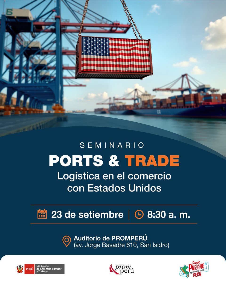 ¡Seminario Ports &amp; Trade!⚓
Este es un espacio especializado para conocer los procesos logísticos y las oportunidades que facilitan el acceso de nuestros productos en puertos de los Estados Unidos 🇵🇪🌎.
👉 Inscríbete: rutexins.promperu.gob.pe/registro/event…

#ExportacionesPeruanas
