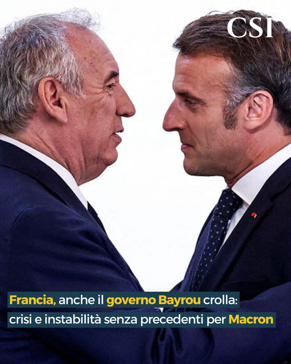 🇫🇷⚠️ Nuova #crisi in # Francia: cade il governo #Bayrou, il quarto in poco più di un anno. #Macron cerca ora un nuovo #premier mentre le opposizioni chiedono le sue #dimissioni e aumentano le proteste.

A cura di Davide Nirta
👇
instagram.com/p/DOYzL8diPKo/…
