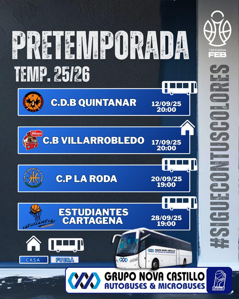4️⃣ partidos amistosos esta pretemporada 

▶️ Comenzamos este viernes en Quintanar del Rey el Torneo de la Junta 

🏠 Único partido en casa el miércoles 17 septiembre a las 20:00 horas 

💙🤍 Vamos Tobarra