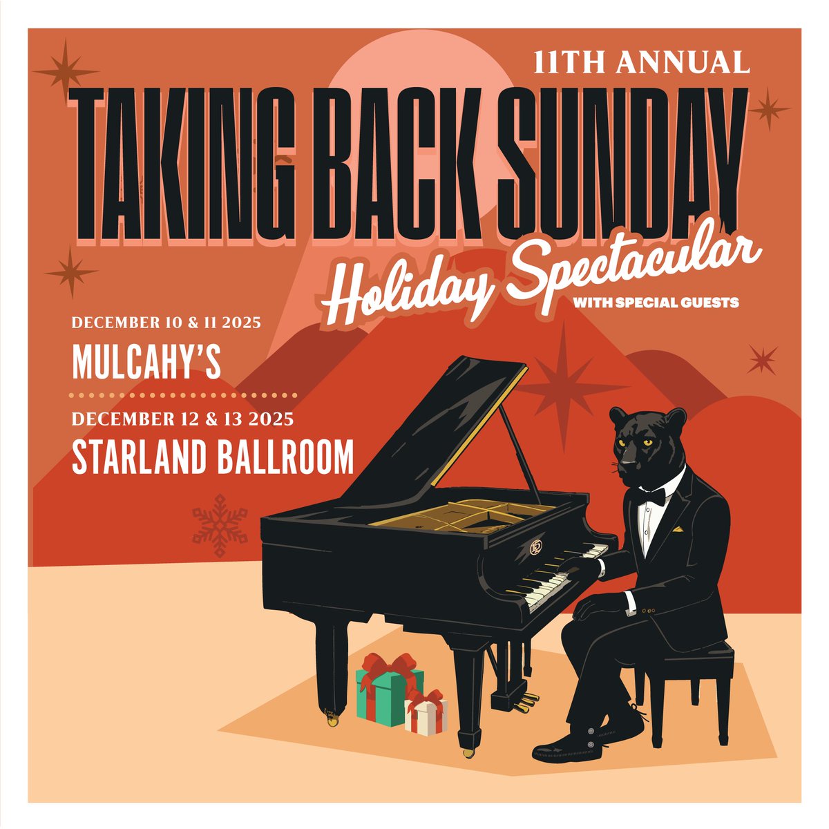 It’s the most wonderful time of the year!! The 11th annual Holiday Spectacular is coming Dec 10-13. Head to takingbacksunday.com/tour to sign up for pre-sales. Support will be announced soon!! 
🎄🎁🎉 
🎟️9/10 Pre-sales 10et 
🎟️9/12 Onsale 12et